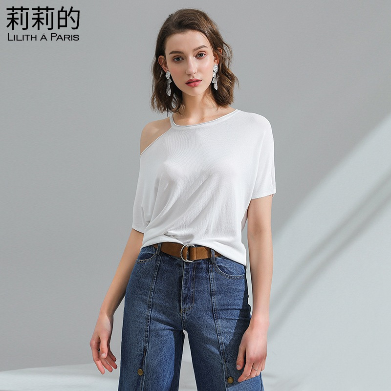 莉莉的 纯色露肩短袖女式针织T恤 2018夏新款女装圆领不对称简约宽松上衣