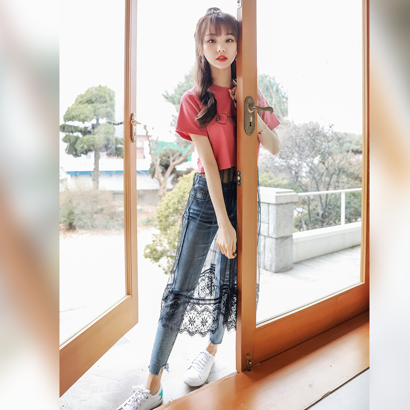 韩都衣舍2018夏装新款女装韩版网纱假两件印花短袖连衣裙IG8100僥