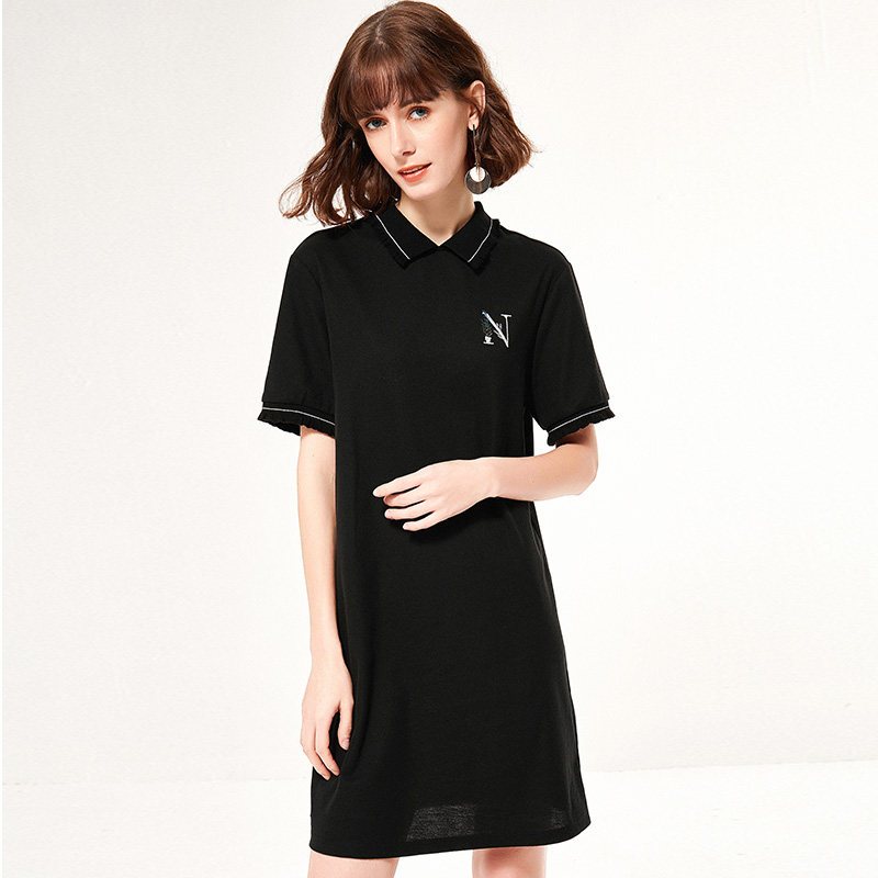 欧昵雪夏季休闲polo领绣花显瘦直筒连衣裙女宽松t恤裙子视频