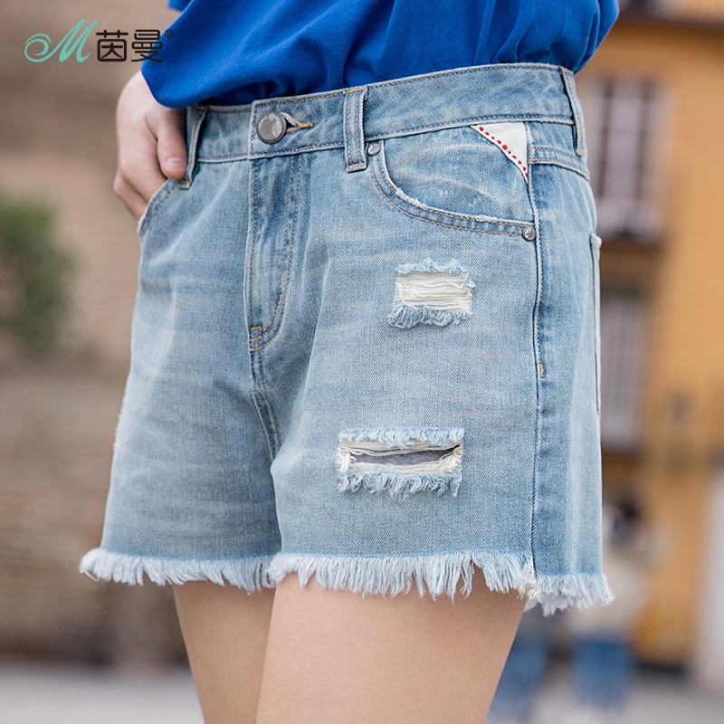 茵曼夏装新款磨白时尚个性破洞毛边牛仔短裤女超短裤热裤显瘦视频