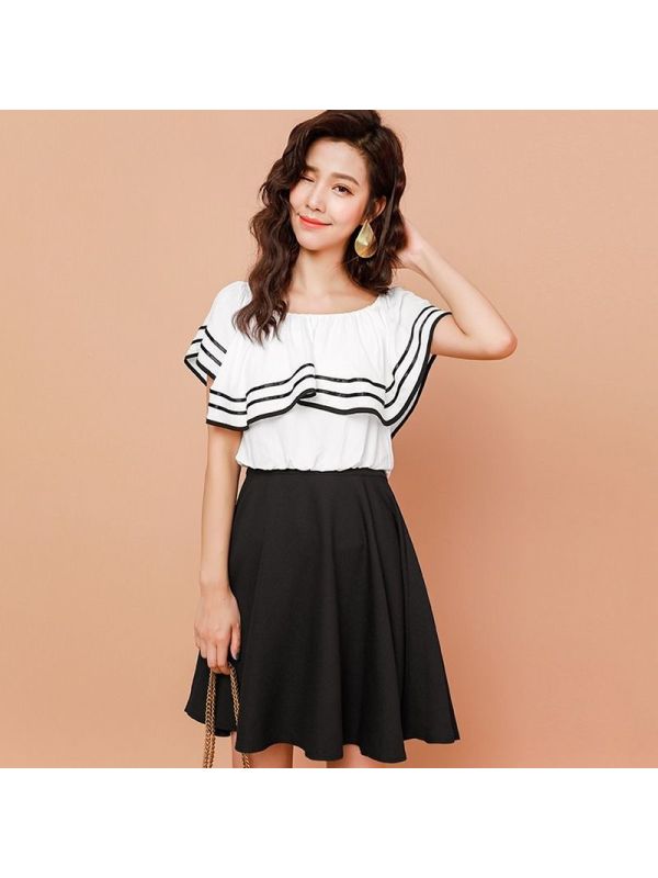 7 Modifier唐装 民族服装 舞台服装 中式服装拉夏 贝尔7modifier莫丽菲尔夏季女装新款荷叶袖一字领拼接中长裙子两件套连衣裙女 价格图片品牌报价 苏宁易购 百货 上海风会电子商务有限公司