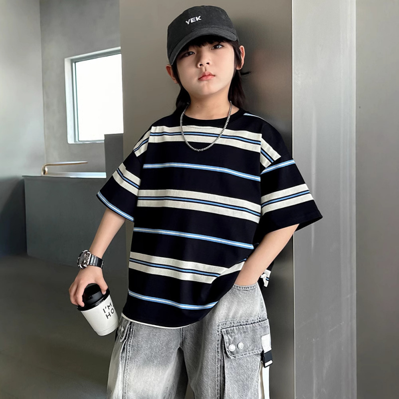 儿童装男童夏季短袖T恤洋气2025新款男孩条纹薄款韩版夏装宽松上
