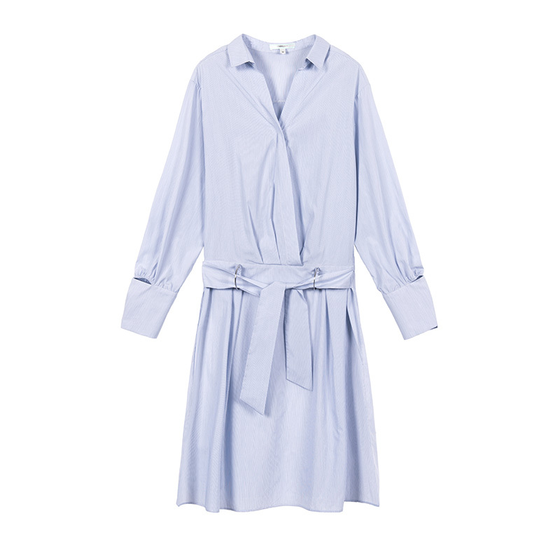 马克华菲女装2020春中长款西装领系带纯棉衬衫韩范宽松长袖