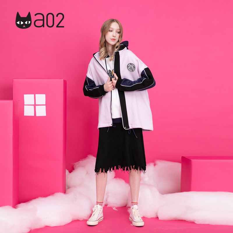 a02新款潮流卡通印花撞色拼接拉链秋冬加绒外套女DTU6D0191KC