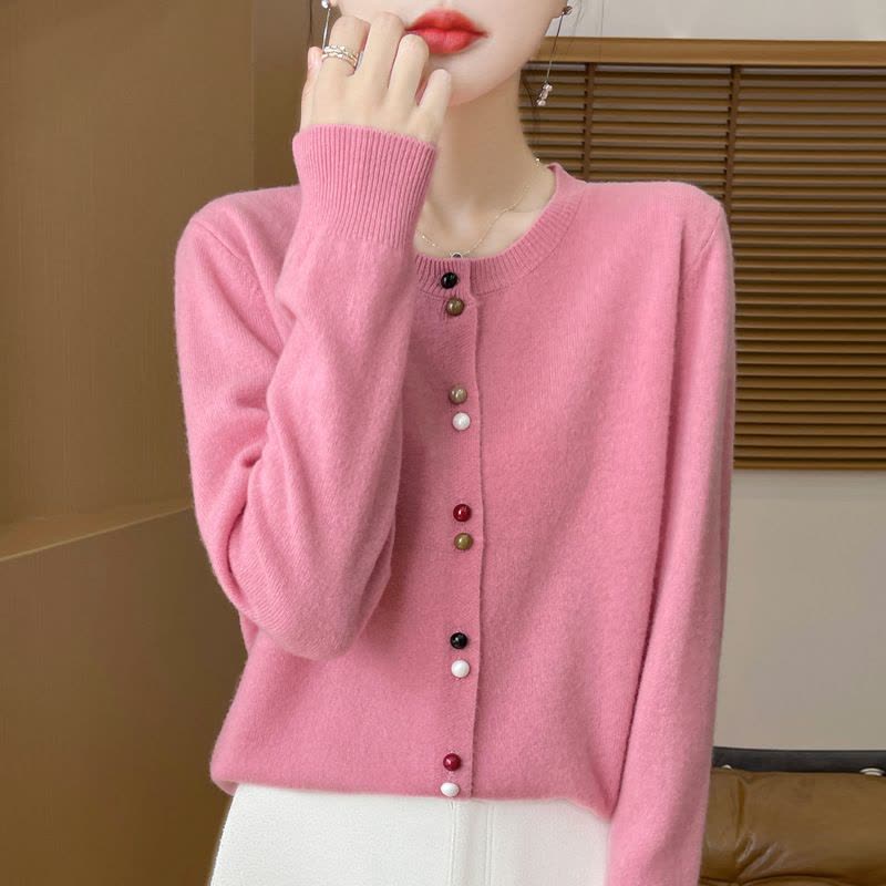 秋季新款小香风彩扣安迪绒针织圆领开衫女装毛衣外套上衣图片