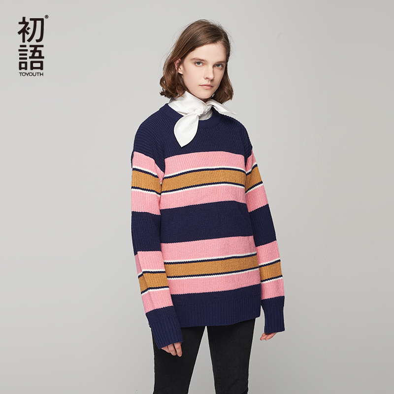 初语糖果色毛衣女宽松粗毛线上衣长袖条纹针织衫视频