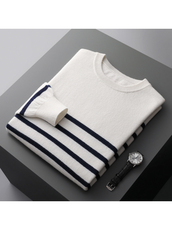 男式羊毛衫海军风条纹圆领拼色套头长袖毛衣羊毛中厚针织衫秋冬款