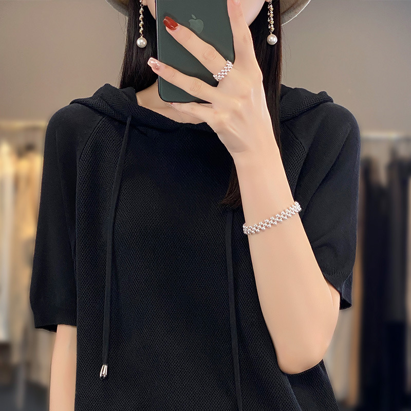 夏款冰丝曲珠纯色连帽卫衣针织短袖女款夏季宽松薄款内搭带帽上衣