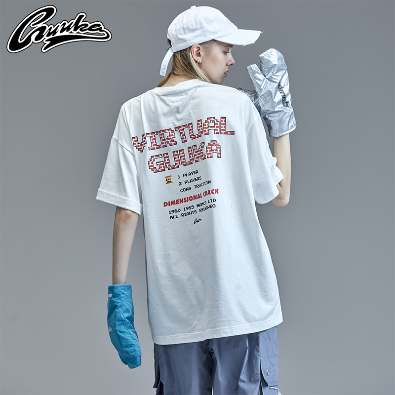 Guuka潮牌短袖T恤女纯棉嘻哈风情侣大印花白色圆领五分袖T恤宽松
