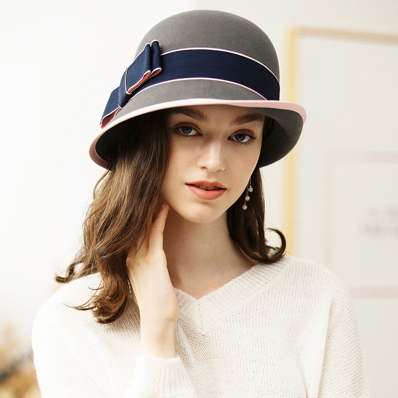 宏达HONDAR 2018秋冬新品女款精致撞色织带羊毛毡帽礼帽 MZ021A图片