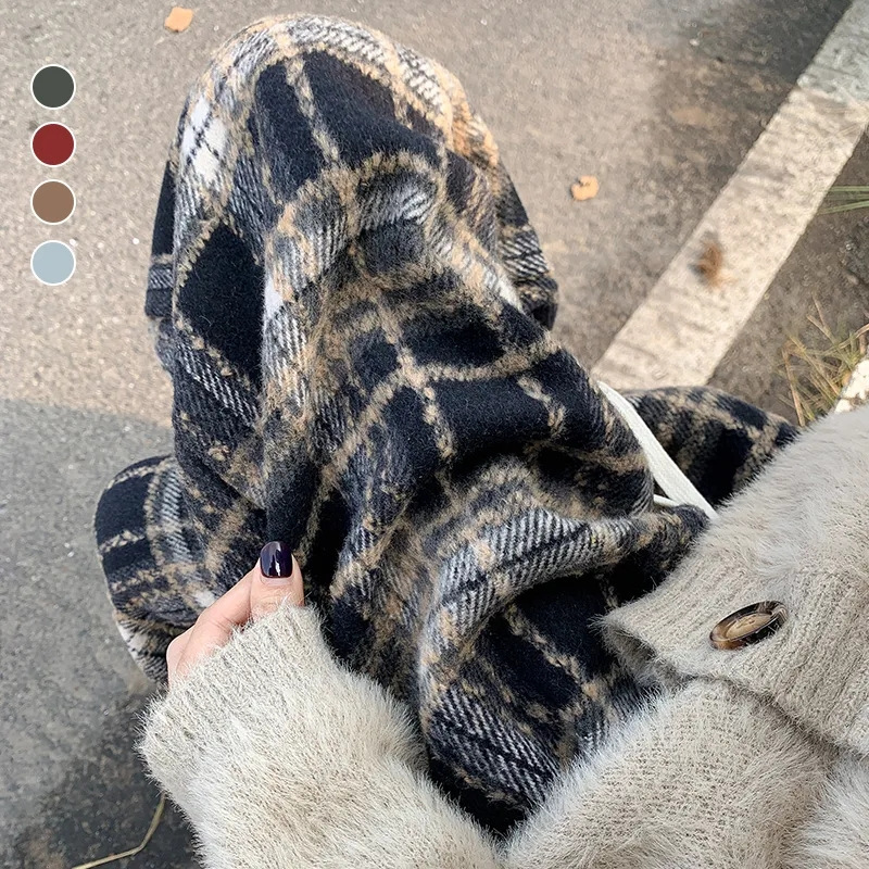 复古毛呢格子裤子女装秋冬加绒加厚新款设计感高腰垂感休闲阔腿裤