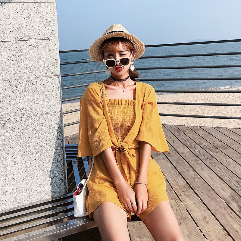 2018夏新款收腰带上衣阔腿短裤外搭开衫三件套图片