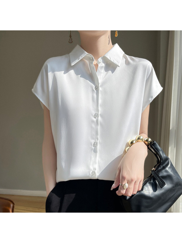 夏季仿真丝缎面衬衣短袖开衫女纯色Polo领气质上衣简约无袖衬衫女
