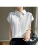 夏季仿真丝缎面衬衣短袖开衫女纯色Polo领气质上衣简约无袖衬衫女