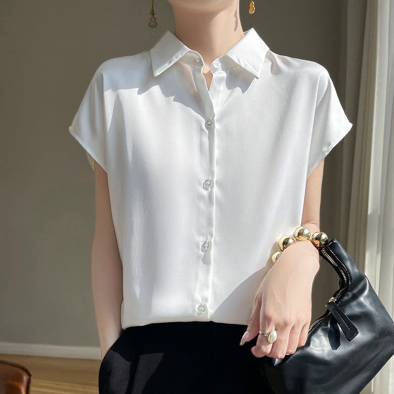 夏季仿真丝缎面衬衣短袖开衫女纯色Polo领气质上衣简约无袖衬衫女图片