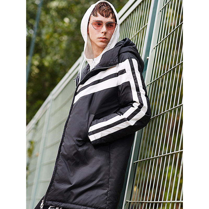 马克华菲男装冬新款时尚撞色条纹运动连帽中长款男式羽绒服