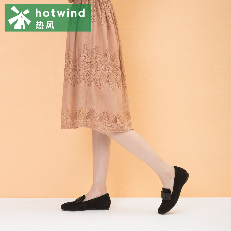 热风hotwind新款百搭小清新女士方头蝴蝶结平底鞋中口单鞋H02W7329