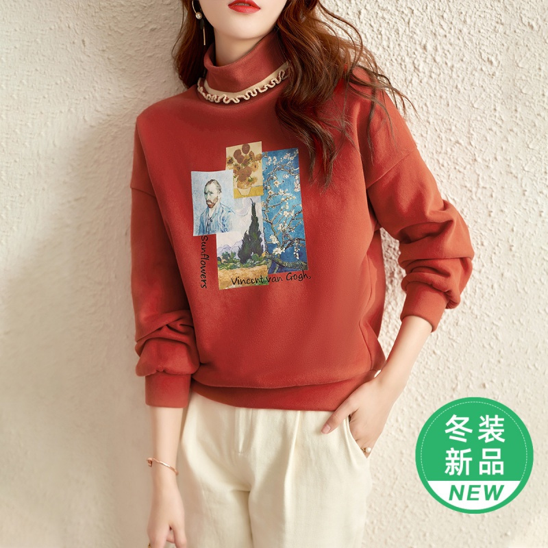OUNIXUE欧昵雪 | [时尚抓绒上衣]冬季减龄木耳边半高领油画感烫图宽松卫衣女