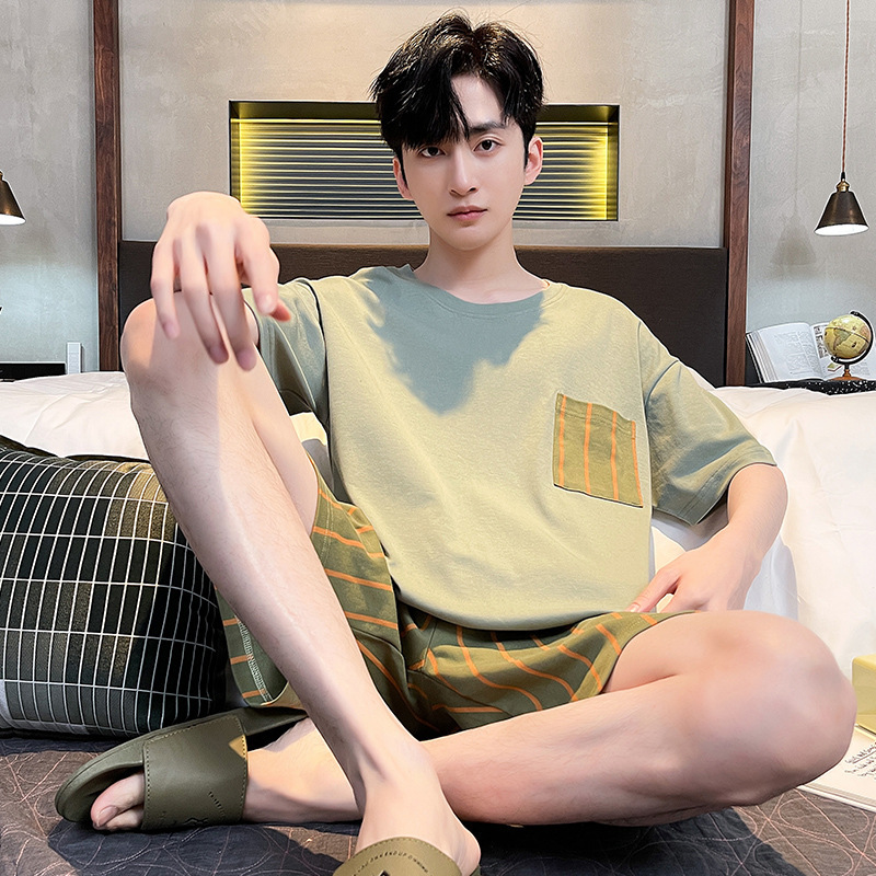 睡衣男夏季棉质短袖短裤休闲圆领高级感睡衣大码家居服套装可外穿