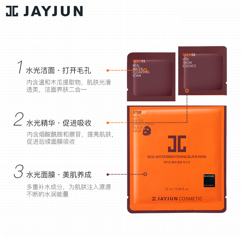 JAYJUN捷俊韩国进口黑色水光面膜三部曲10片 补水保湿水光针黑面膜女