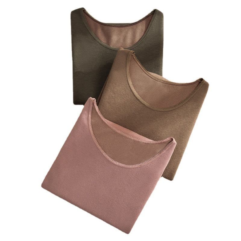 德绒保暖内衣女士单上衣圆领修身毛圈绒贴片加绒打底发热秋衣女冬图片