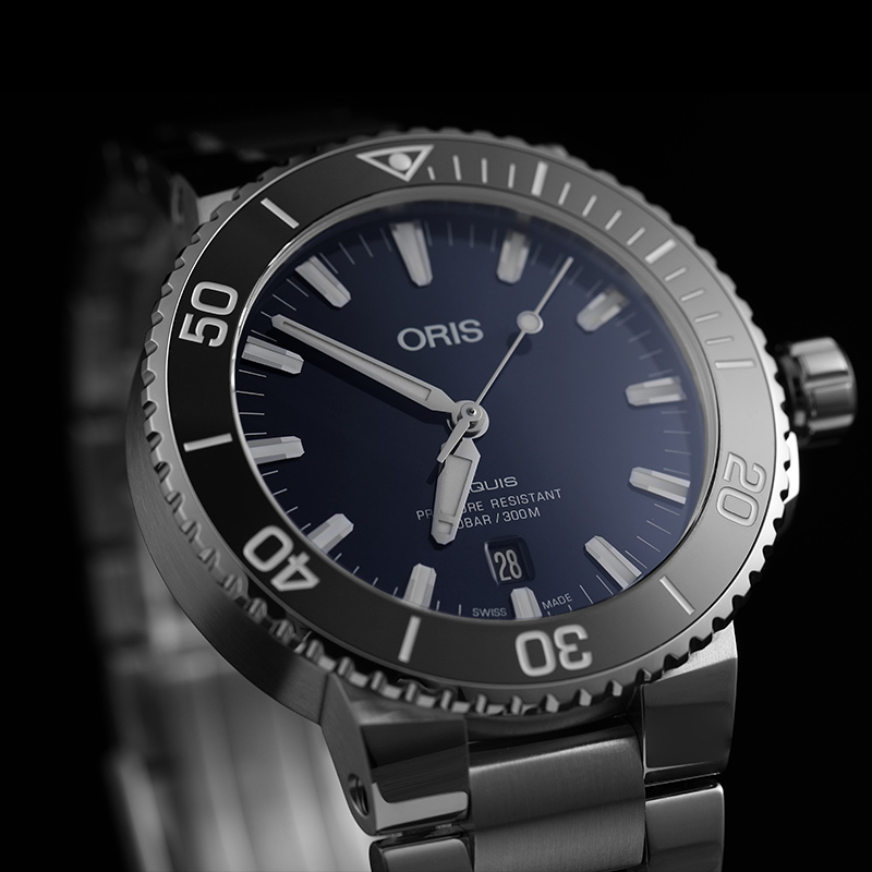 oris豪利时瑞士手表潜水系列aquisdate蓝盘钢带自动机械男士手表