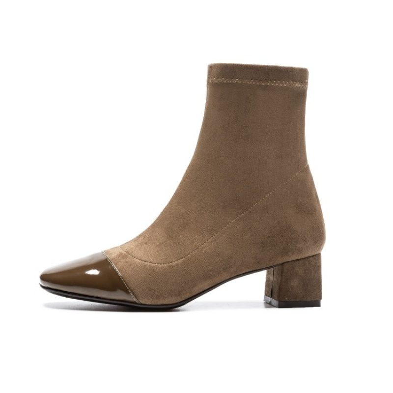 格瑞迪欧2018秋冬翻毛皮新款拼色方头真皮短靴女百搭中跟粗跟磨砂单靴