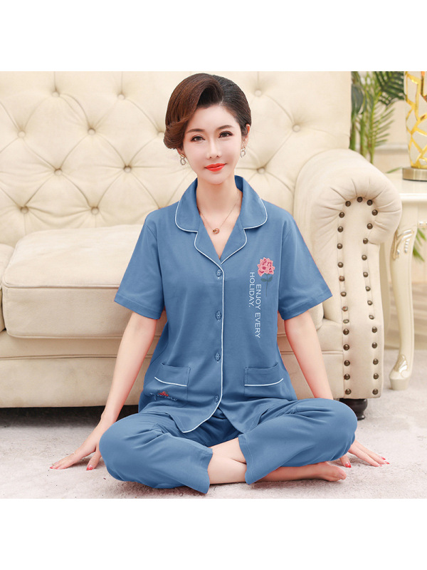 睡衣女夏天短袖长裤翻领开衫套装中老年人棉质宽松大码夏季家居服