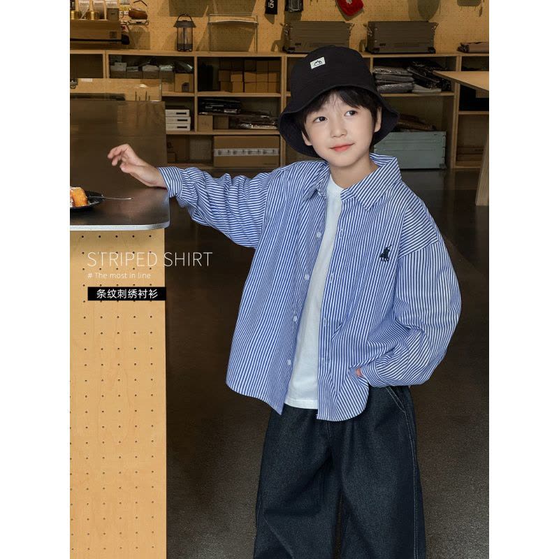 童酷男童秋款织里童装韩版刺绣宝宝衬衣时尚条纹翻领儿童衬衫图片