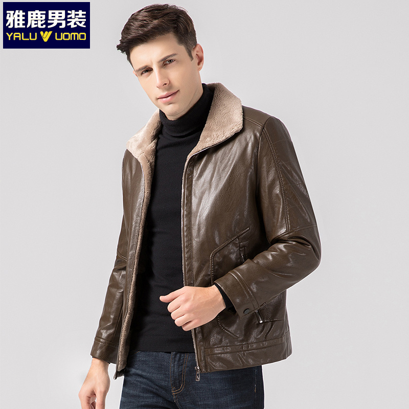 雅鹿男装加绒加厚中年冬季保暖皮衣外套爸爸装 18601