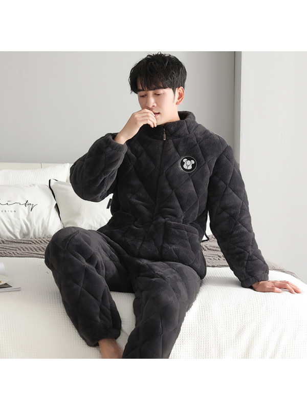 男士睡衣冬季玉狐绒三层夹棉加绒加厚法兰绒加肥加大码拉链家居服