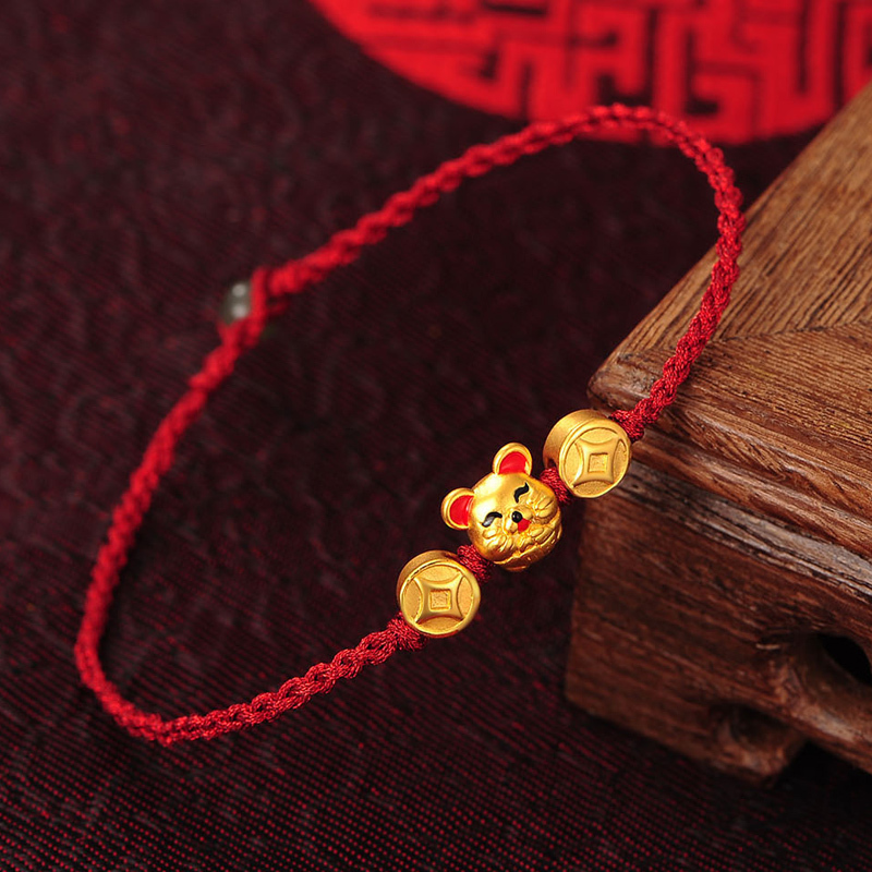 金钱鼠生肖黄金转运珠手链男女款3d硬金足金编织红绳手饰可爱小老鼠