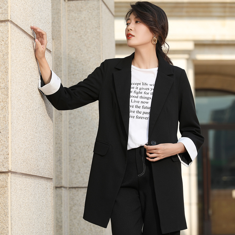 恒源祥2020春季中长款修身小西服女纯色chic气质风衣收腰西装外套