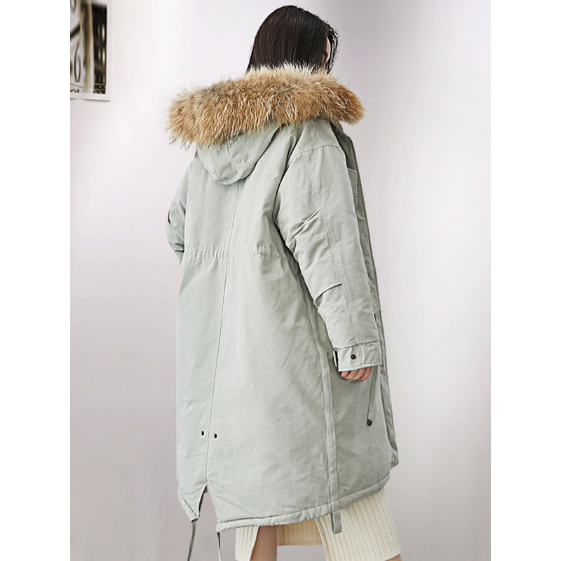 yaloo/雅鹿羽绒服女2019新款宽松收腰中长款大毛领加厚派克服