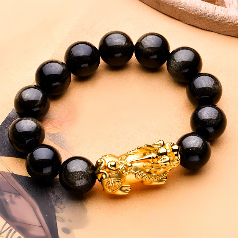 蒂蔻貔貅黄金手链男士款足金黑曜石路路通手串3d硬金饰品生日礼物送