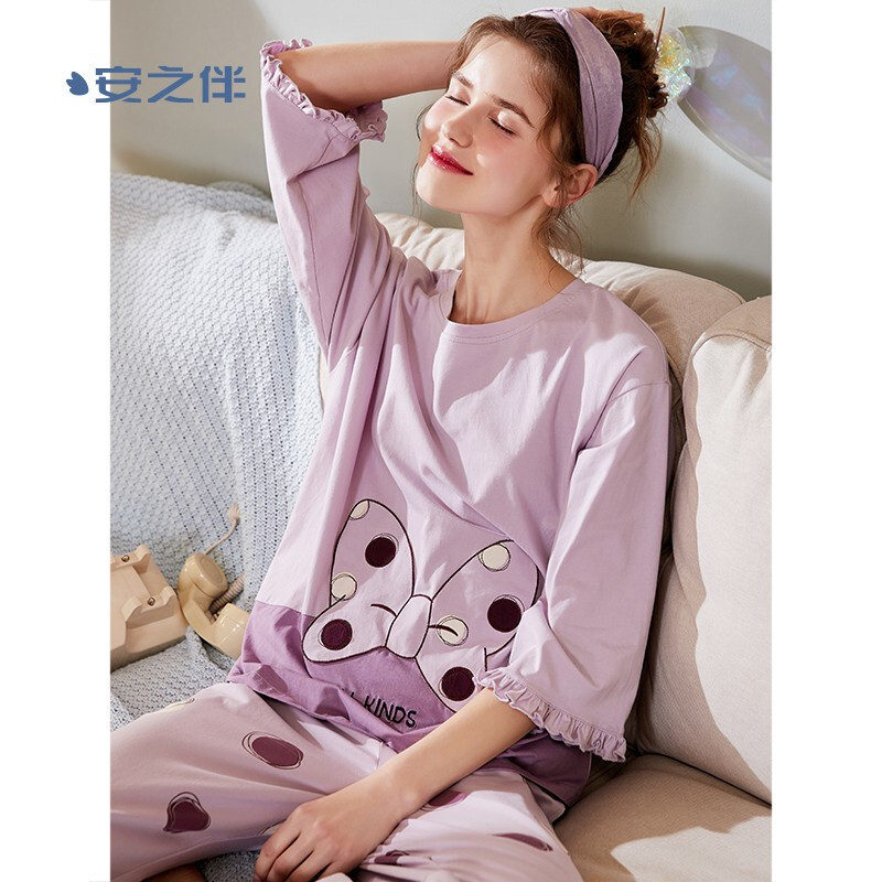安之伴睡衣女弹力圆领套装棉质针织素色长袖可外穿女士家居服套头套装