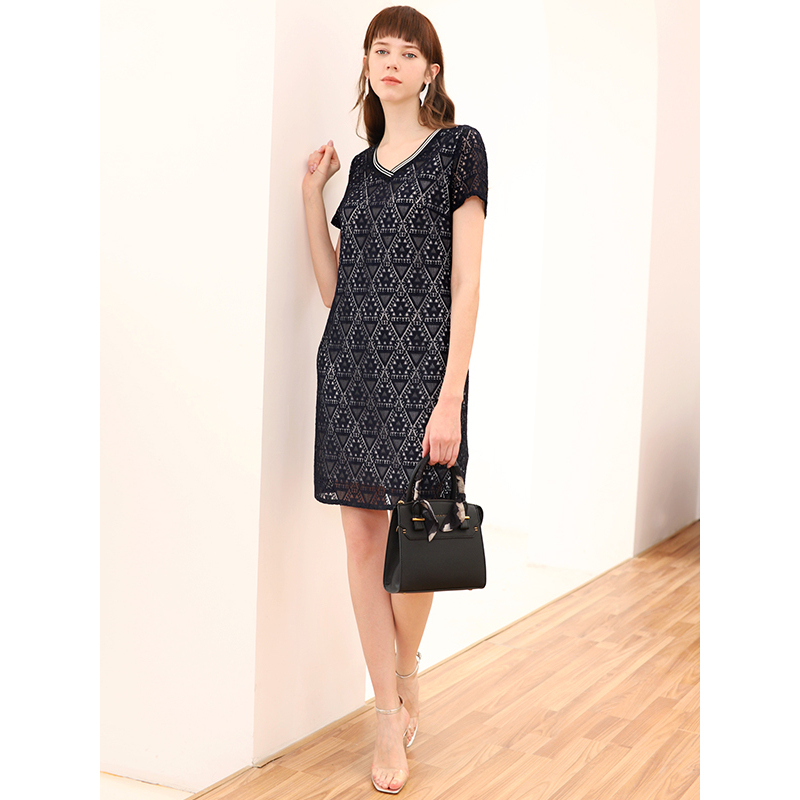 liedow蕾朵短袖直筒蕾丝连衣裙夏气质法国v领修身显瘦仙女中长裙