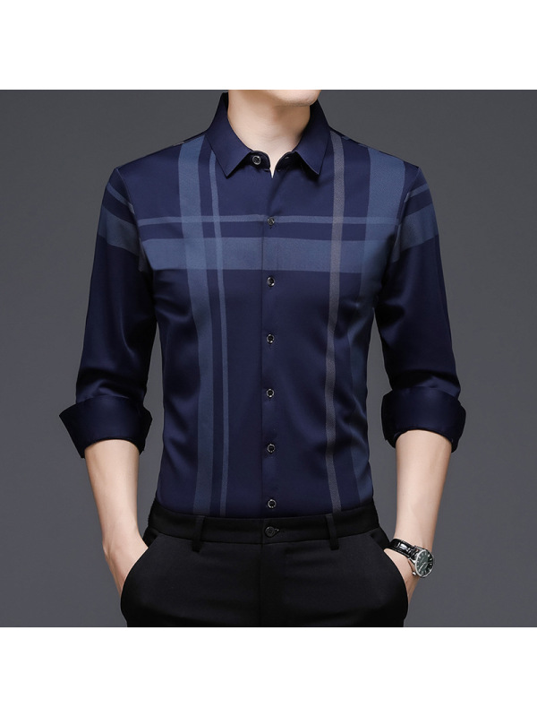 Ceba21秋季新款男式长袖衬衫免烫韩版潮流修身格子商务休闲男士