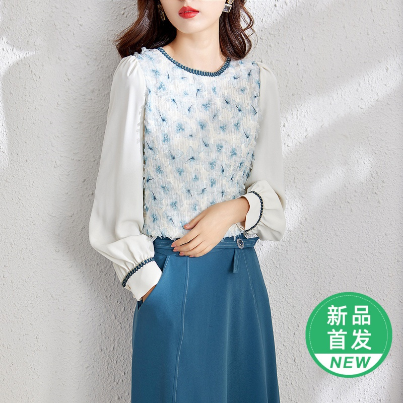 OUNIXUE欧昵雪 | [优雅拼接雪纺衫]春季减龄感织带拼接圆领长袖直筒衬衫女