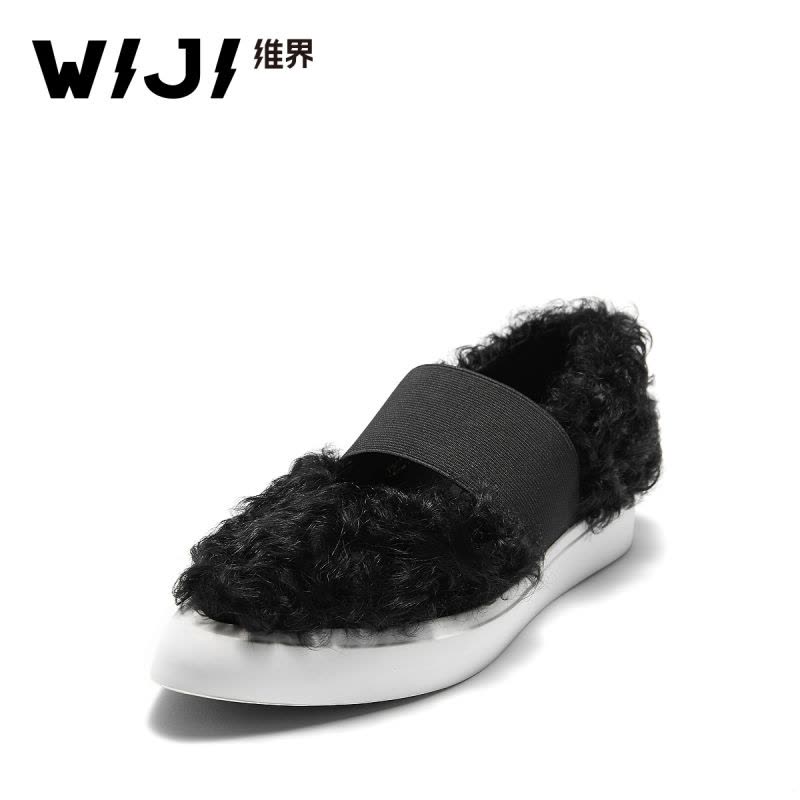 WIJI单鞋女韩版潮流时尚羊卷毛平底休闲鞋个性黑色浅口百搭板鞋潮图片