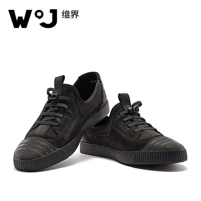 维界W*J板鞋男拼接时尚牛皮拼布舒适板鞋 黑色 41图片