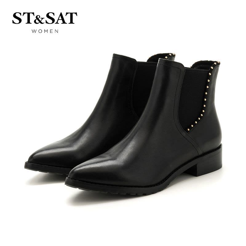 St&Sat/星期六冬新款切尔西短靴女牛皮尖头铆钉女靴子SS64117071图片