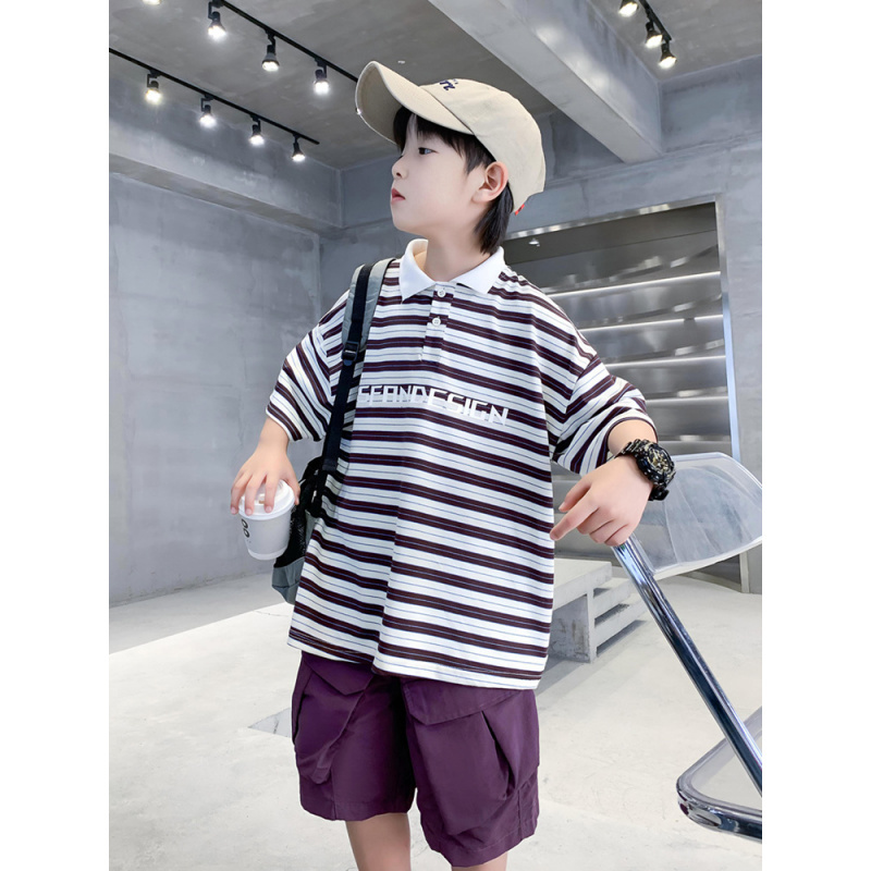 男童polo衫套装夏季2025新款儿童夏装条纹衣服中大童短裤两件套潮