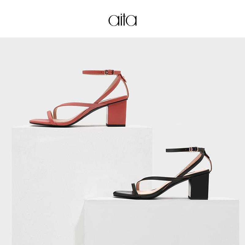 aita艾塔 夏季新款方头细带组合粗跟凉鞋中跟一字带罗马女鞋