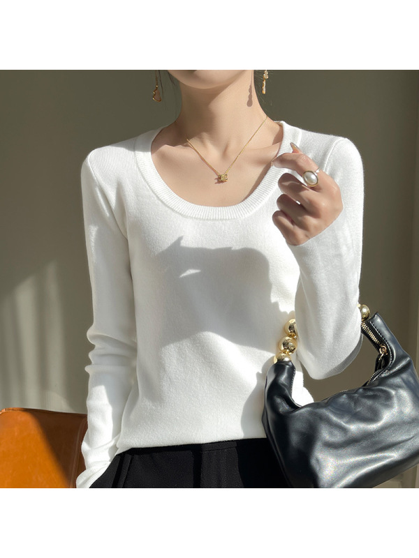 秋冬长袖打底衫女U领外穿修身显瘦内搭针织衫低圆领纯色毛衣