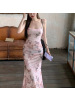 纯欲风蝴蝶印花性感吊带连衣裙女夏收腰露背绑带包臀裙长裙子新款