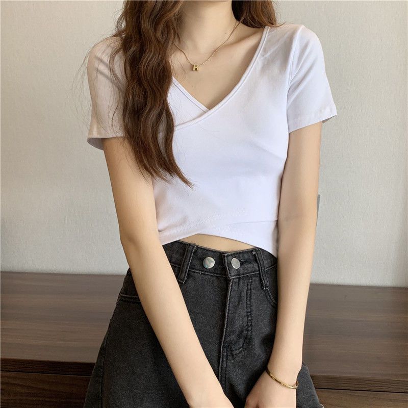 夏季新款设计交叉百搭显瘦修身短袖T恤女韩版短款纯色上衣女