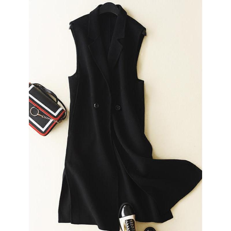 秋冬新款双面羊绒马甲女无袖中长款纯色羊毛西装领毛呢外套