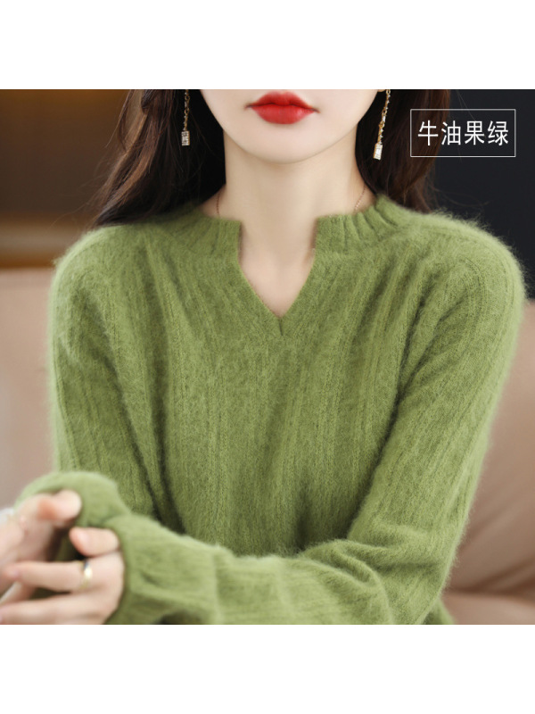秋冬新款貂绒毛衣女v领宽松短款纯色灯笼袖羊毛打底衫针织衫