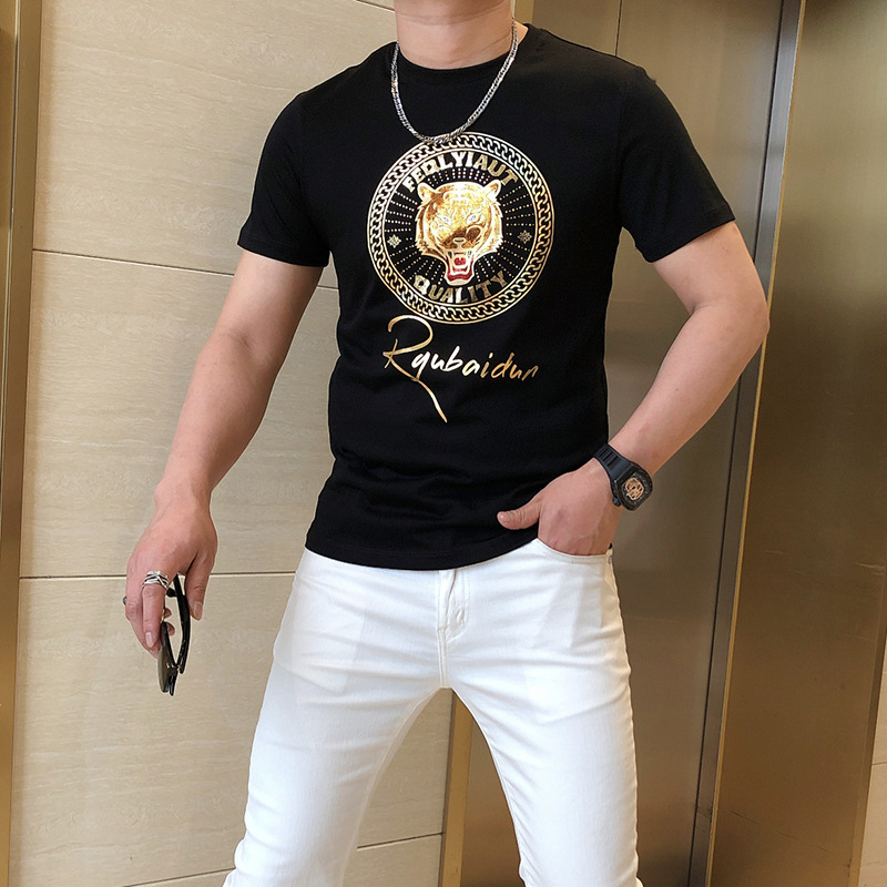 欧洲站夏季新款潮流烫金虎头圆领休闲T恤短袖圆领修身半袖潮
